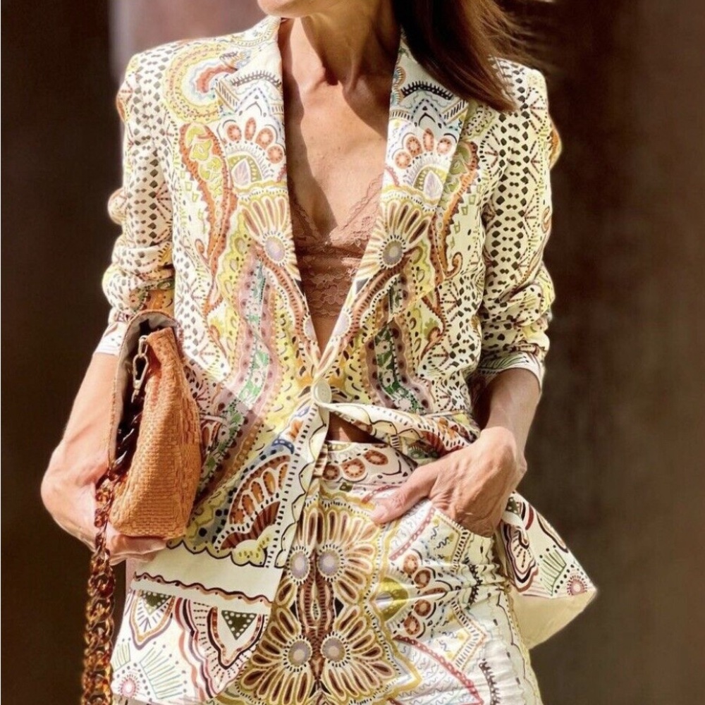 NWT ZARA Ecru Multicolor Paisley Printed Linen Blend Blazer Small 3321/764